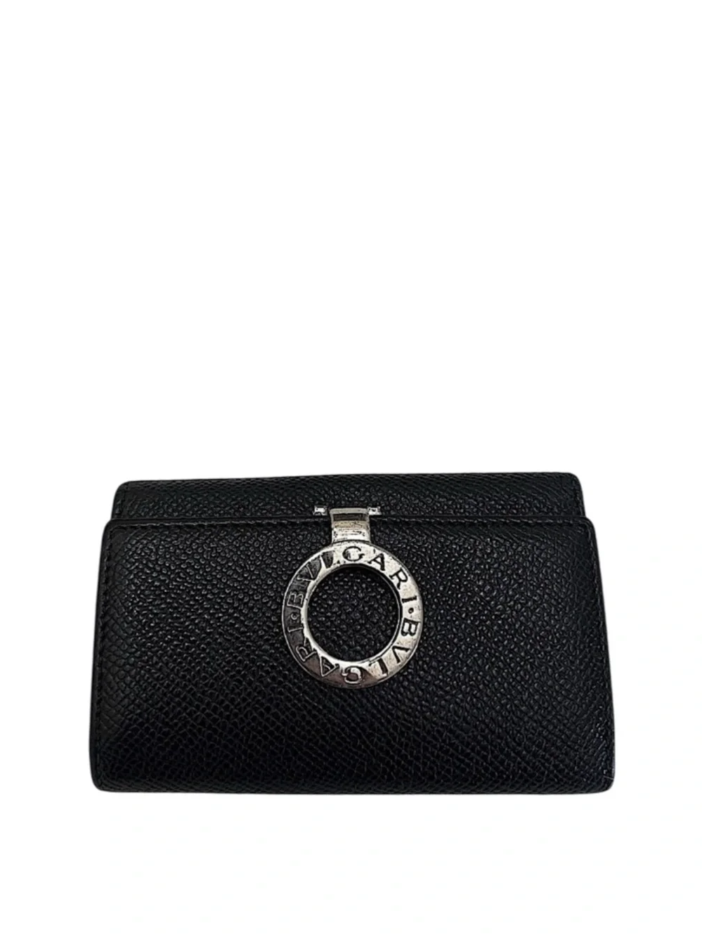 BVLGARI - BLACK SILVER TEXTURED LEATHER COMPACT KEY HOLDER CASE WALLET